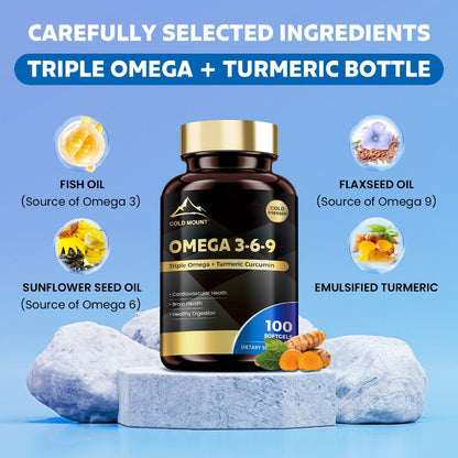 Omega 3 6 9 Supplement Softgels with Flaxseed, Fish Oil & Turmeric – Hypoallergenic Heart, Brain, Liver & Skin Support for Women & Men | 100 Softgels 50-Day Supply