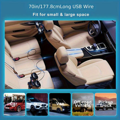 Car Fan for Back Seat - Dual Head USB Cooling Fan, Foldable 360° Rotation, Ultra-Quiet Motor, 70-Inch Cord, for Vehicle, Home & Office Use