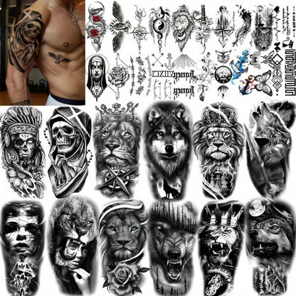 Temporary Tattoo Half Sleeve 32 Sheets 3D Realistic Animal Tribal Wolf Lion Tiger Skull Rose Flower Fake Tattoo Stickers for Men Women Adults Forearm Body Art Large Waterproof Long Lasting