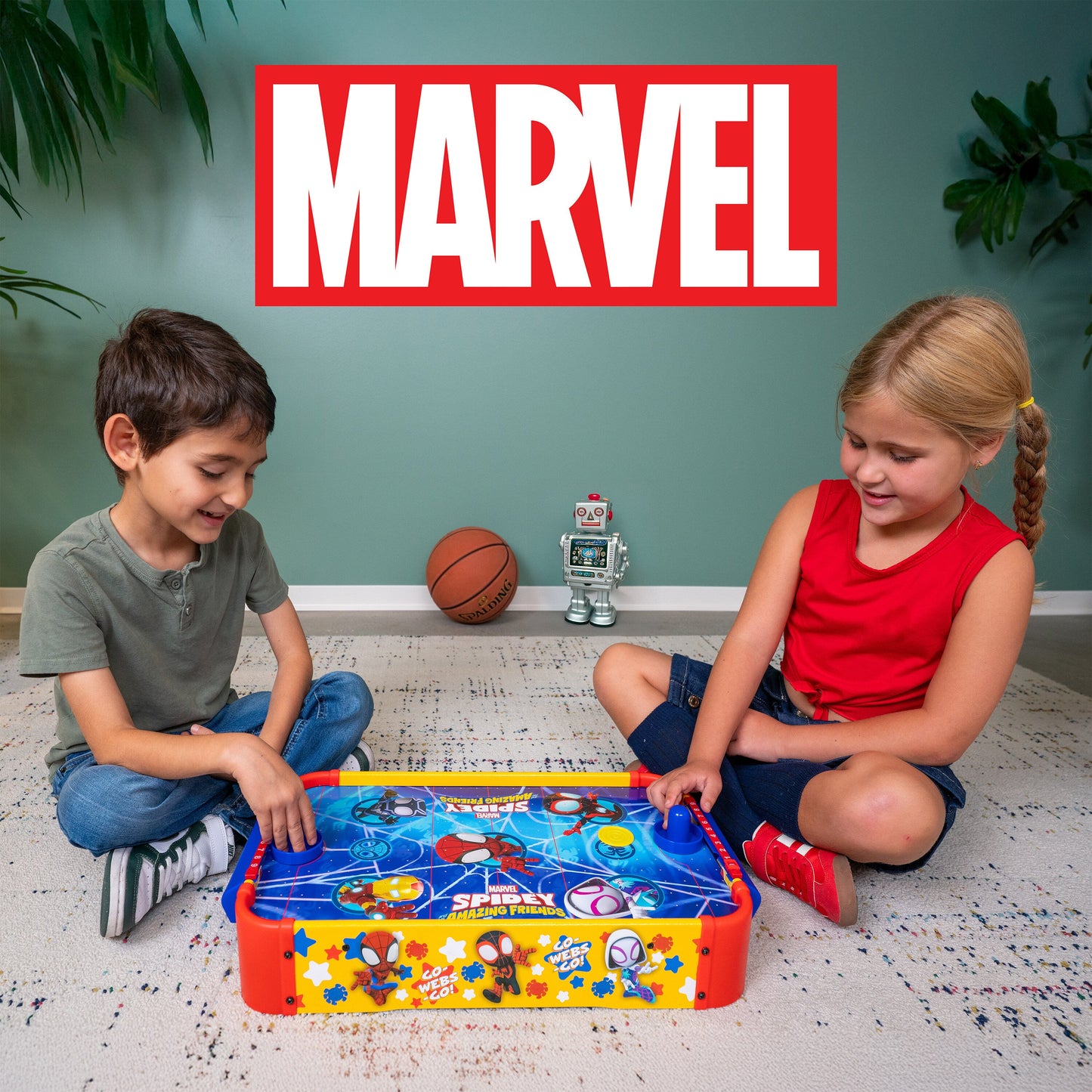 Kids Tabletop Air Hockey Table Marvel Spidey and His Amazing Friends - Officially Licensed Wood Surface, Manual Score Tracker, Indoor Game for Boys Girls Ages 3+ | Birthday Christmas Holiday Gift