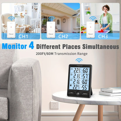 Indoor Outdoor Thermometer Wireless with 3 Remote Sensors - Digital Hygrometer Temperature Humidity Monitor, 200FT Range, Large Display, Backlight, Low Battery Alarm, High Accuracy, Black or White