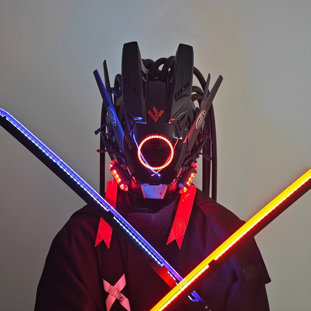 LED Punk Mask with Tubular Braids & Helmet – Futuristic Sci-Fi Mechanical Cosplay Mask for Halloween, Rave Music Festival & Party, Blue Green Pink, Handmade TPU PC Unisex Adult Costume Prop