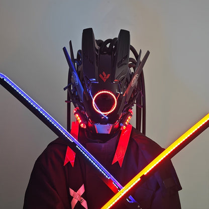 LED Punk Mask with Tubular Braids & Helmet – Futuristic Sci-Fi Mechanical Cosplay Mask for Halloween, Rave Music Festival & Party, Blue Green Pink, Handmade TPU PC Unisex Adult Costume Prop