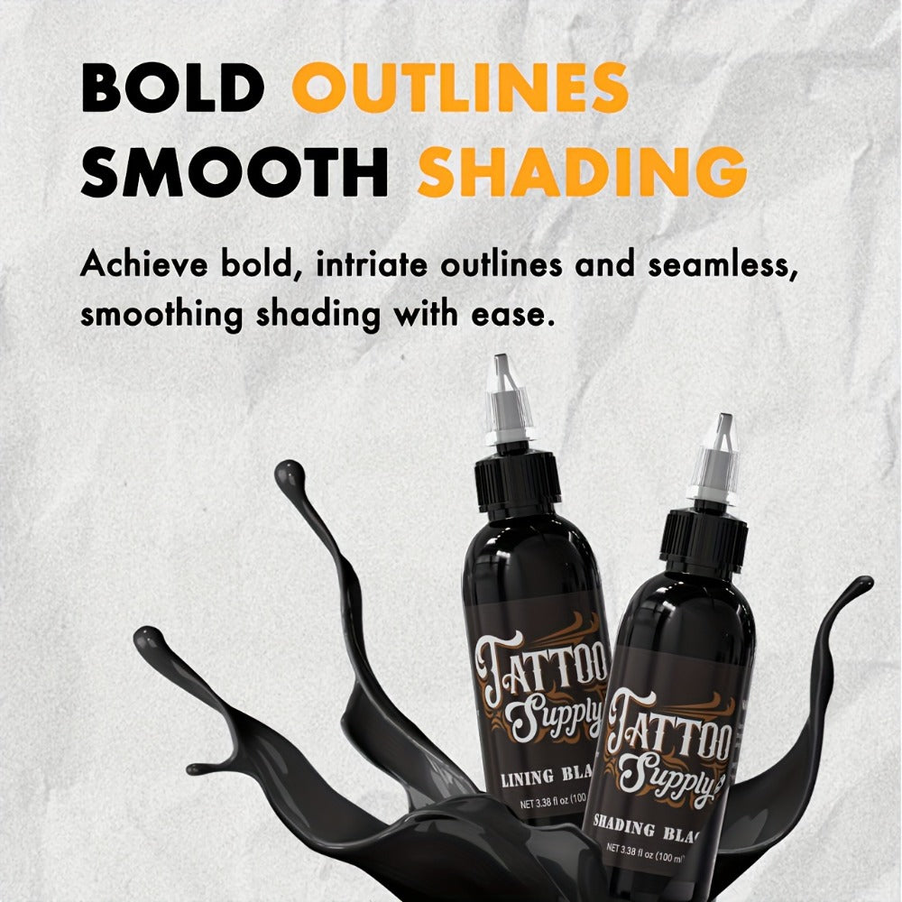 Neebol Tattoo Ink Professional Black Lining & Shading Set — Waterproof Long-Lasting Outlining Blending Body Art Ink for Artists & Beginners, 100ml & 250ml Sizes Available