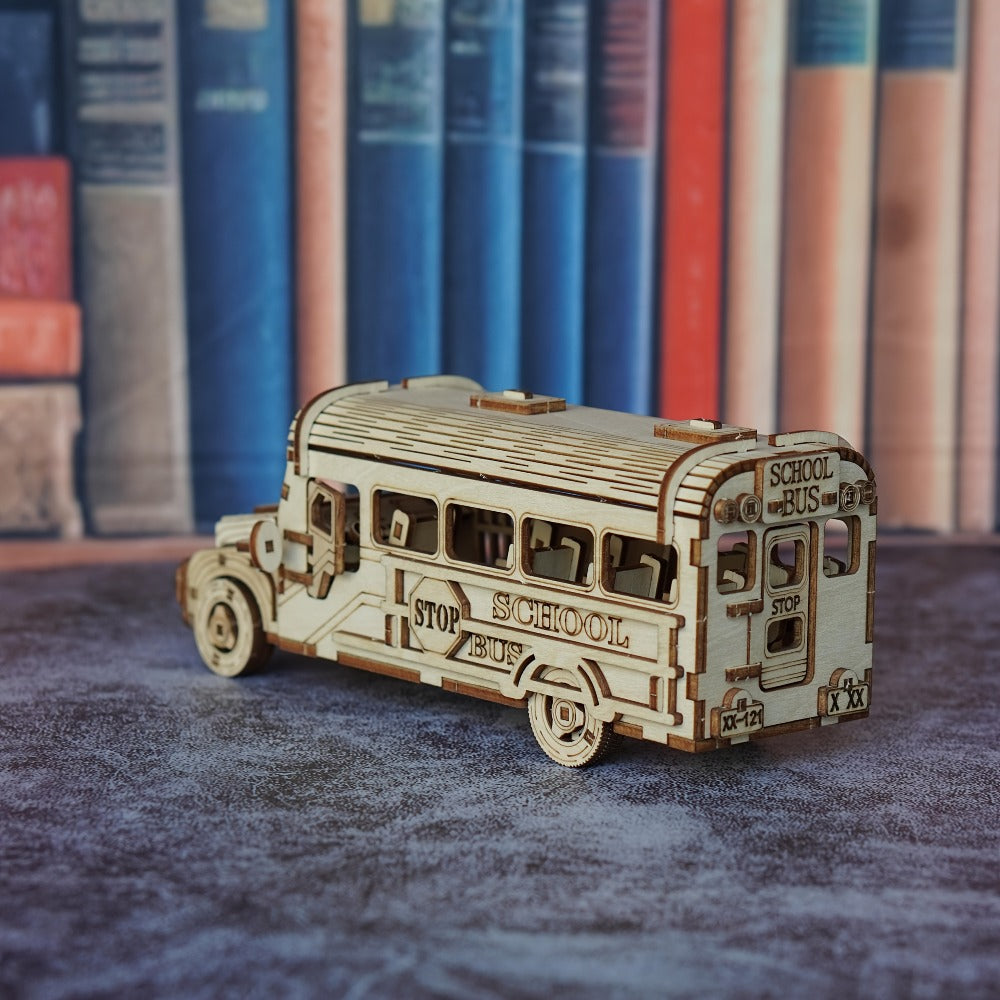 Wooden School Bus Model Kit DIY – American-Style 3D Puzzle with SCHOOL BUS Sign, Handmade Yellow Plywood STEM Craft Gift for Adults Teens Teachers Birthday Halloween Christmas