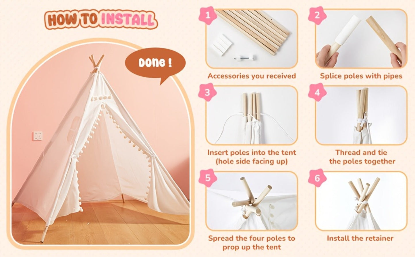 Kids Teepee Tent Indoor Outdoor Play Tent – Nordic Conical Princess Playhouse, Washable Kids Play Tent for Toddlers & Children | White, Blue, Pink, Star | Birthday Christmas Gift