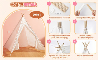 Kids Teepee Tent Indoor Outdoor Play Tent – Nordic Conical Princess Playhouse, Washable Kids Play Tent for Toddlers & Children | White, Blue, Pink, Star | Birthday Christmas Gift