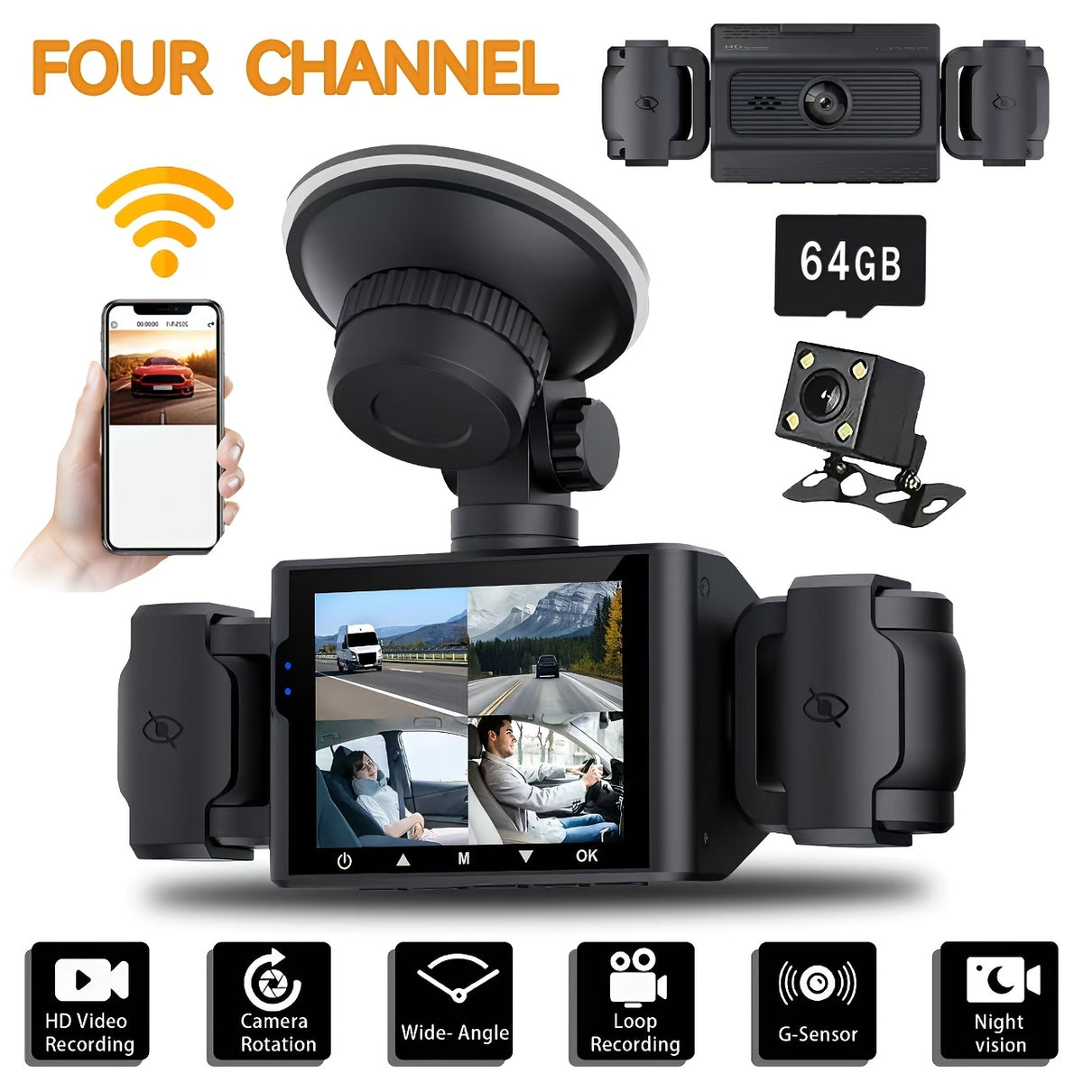 360° 3/4-Lens WIFI FHD 1080P Dash Cam for Cars, 1080P Front And 720P Left/Right/Rear Camera, Wide-Angle, Adjustable Lens, Audio, Loop Recording, G-Sensor, Enhanced Night Vision And Motion Detection - Free 64GB Memory Card for Extended Recording