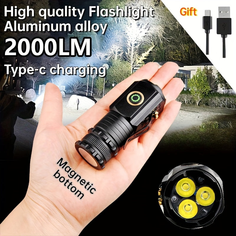 2000 Lumens Mini EDC Flashlight – Rechargeable 18650 Lithium Type-C, 4 Dimming Modes & Turbo, 300M Beam, Compact Pocket Torch for Camping, Hiking & Emergencies (Short/Long, Black/Classic)