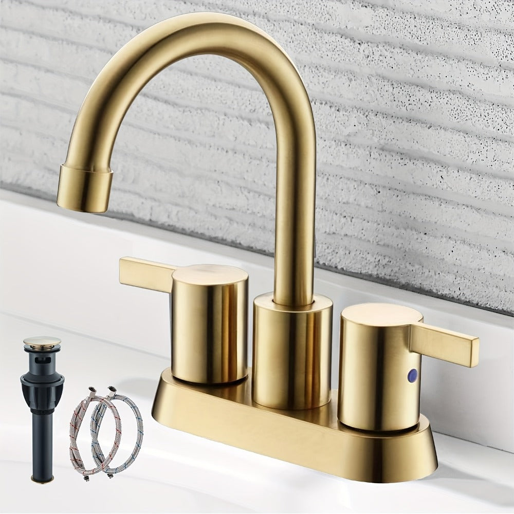 Bathroom Faucet 4-Inch 2-Handle Centerset – 360° Swivel Spout, Pop-Up Drain & Supply Lines Included, 2-3 Hole Vanity Sink Faucet for RV & Home, Brushed Gold, Matte Black, Nickel & Chrome