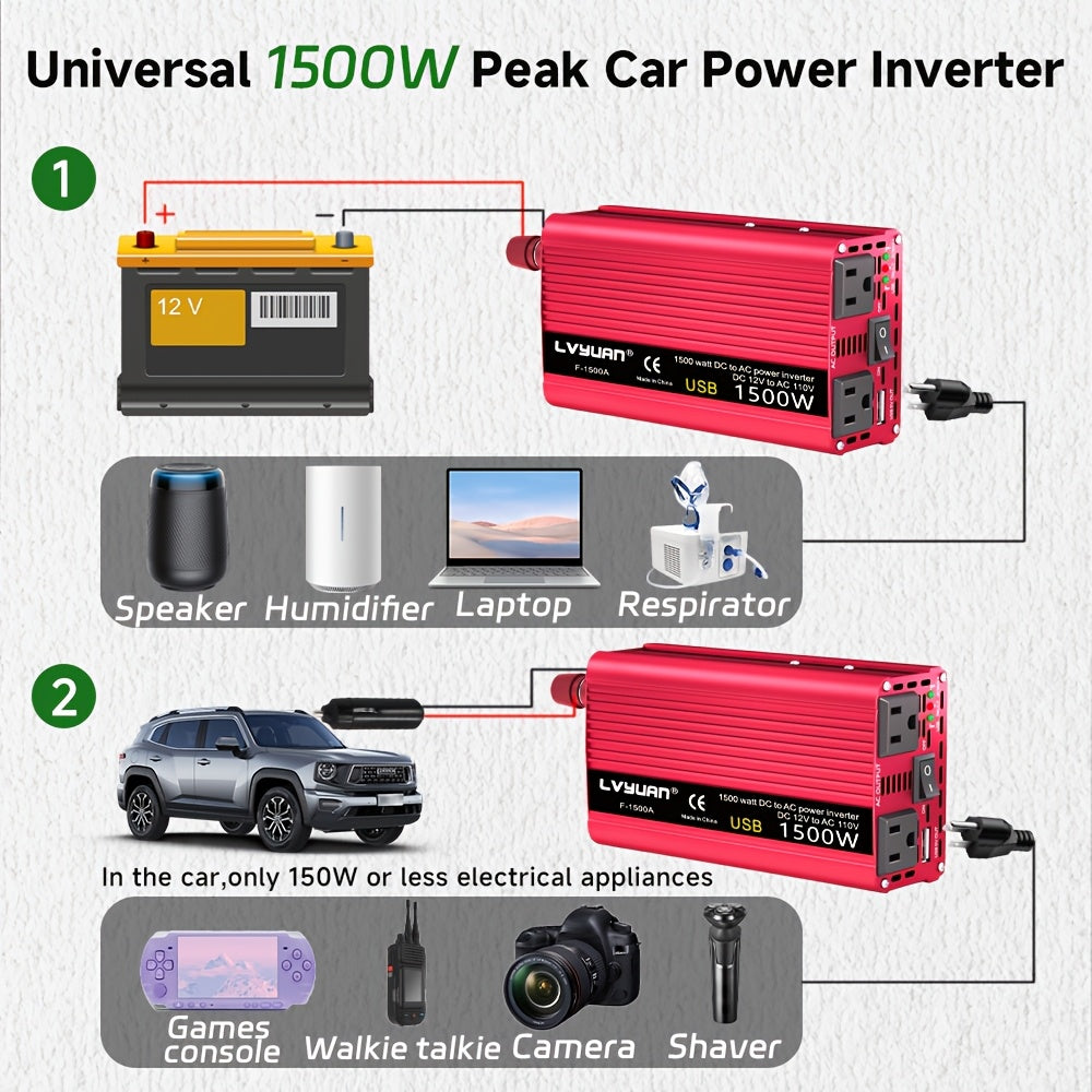 LVYUAN 1500W Peak Car Power Inverter, DC 12V to 110V AC Converter with 2 AC Outlets And USB Charging Port, Built-In Cooling Fan And Multiple Safety Protections for Car, RV, Truck, Camping, Off-Grid Emergency Use