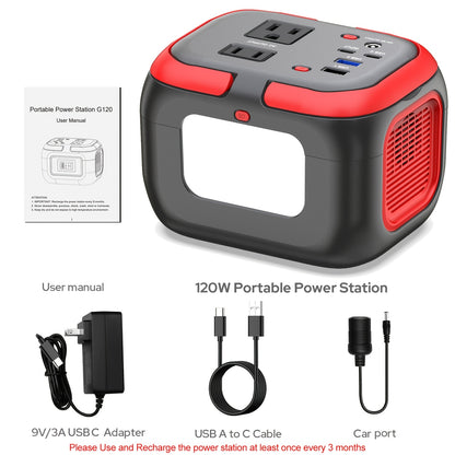 Portable Power Station 97.68Wh 120W Solar Generator – 6 Outputs AC Outlet USB-C QC3.0 DC LED Light Battery Pack for Camping RV Emergency Backup
