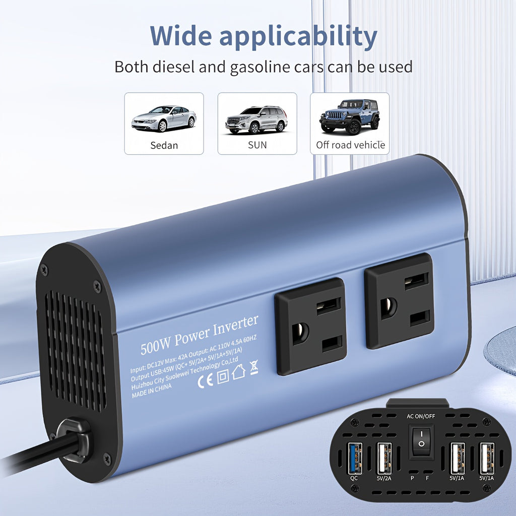 Halloween Christmas Gift, Car Power Inverter Charger Converter 500W (Peak) Power 12V Car Power Inverter, 4 USB Ports, Smart Fast Charging, Power Converter - Car Plug, Mobile Phone, US Socket