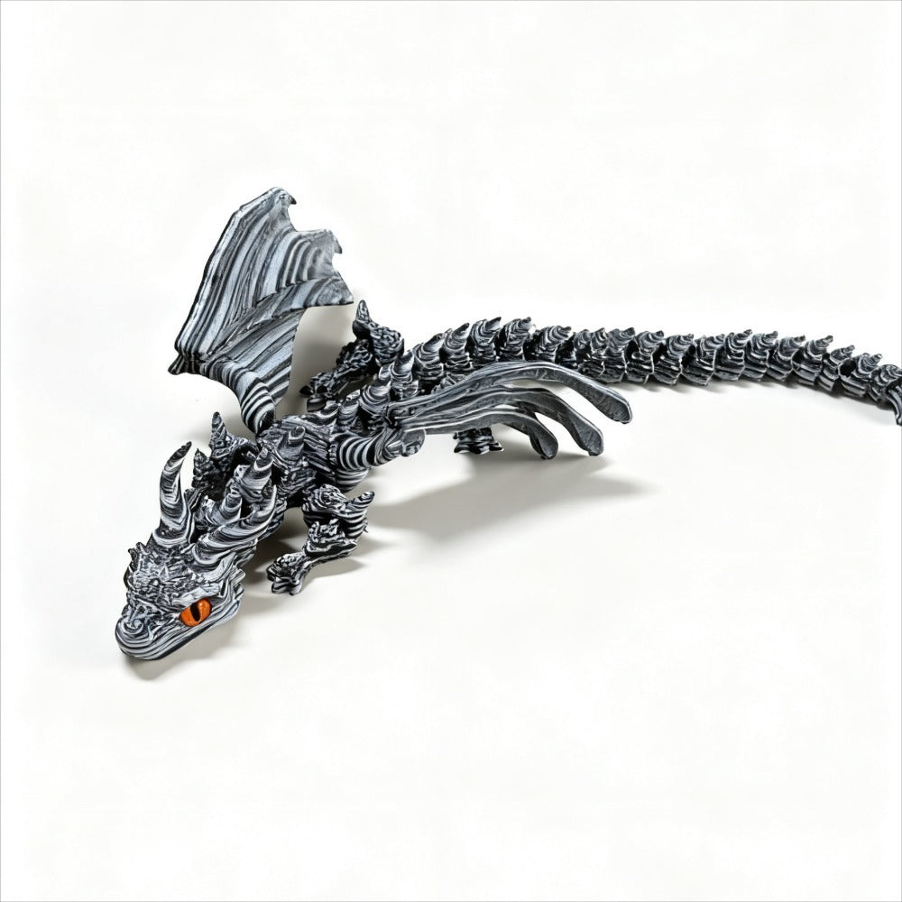 Articulated Cybernetic Dragon Statue – 3D Printed Black & White Swirl Fidget Figurine with Random Eye Color, Poseable Collectible Fantasy Art for Desktop Display, Cool Gift for Teens & Adults 14+