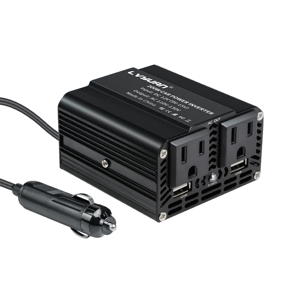 LVYUAN 200W Power Inverter for Vehicles DC 12V to 110V AC Car Plug Adapter Outlet Converter with 2 USB Fast Charging Ports and 2 AC Outlets Car Charger Adapter