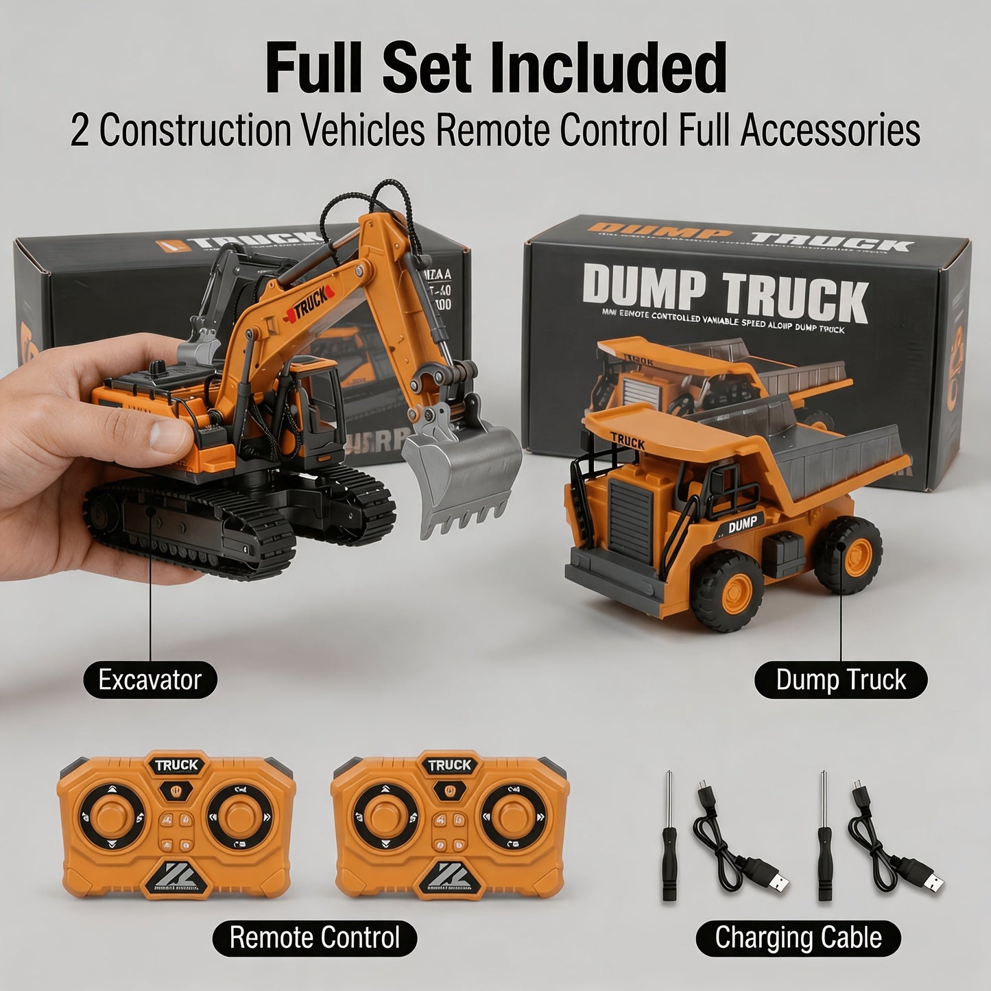 RC Construction Vehicle Set 2/3/4pcs – 2.4GHz 11-Channel Remote Control Excavator Dump Truck Bulldozer Alloy Engineering Toy for Boys Kids Ages 6+, Best Birthday Christmas Gift
