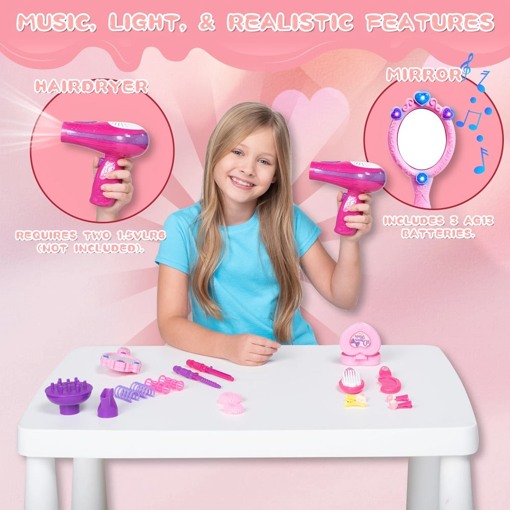 Girls Beauty Salon Toy Set 17 PCS – Pretend Play Hair Stylist Kit with Working Hairdryer Mirror Curling Wands Combs Clips & Jewelry Box | Princess Hair Dresser Toy for Girls Ages 3+ | Best Birthday Christmas Gift