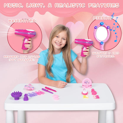 Girls Beauty Salon Toy Set 17 PCS – Pretend Play Hair Stylist Kit with Working Hairdryer Mirror Curling Wands Combs Clips & Jewelry Box | Princess Hair Dresser Toy for Girls Ages 3+ | Best Birthday Christmas Gift