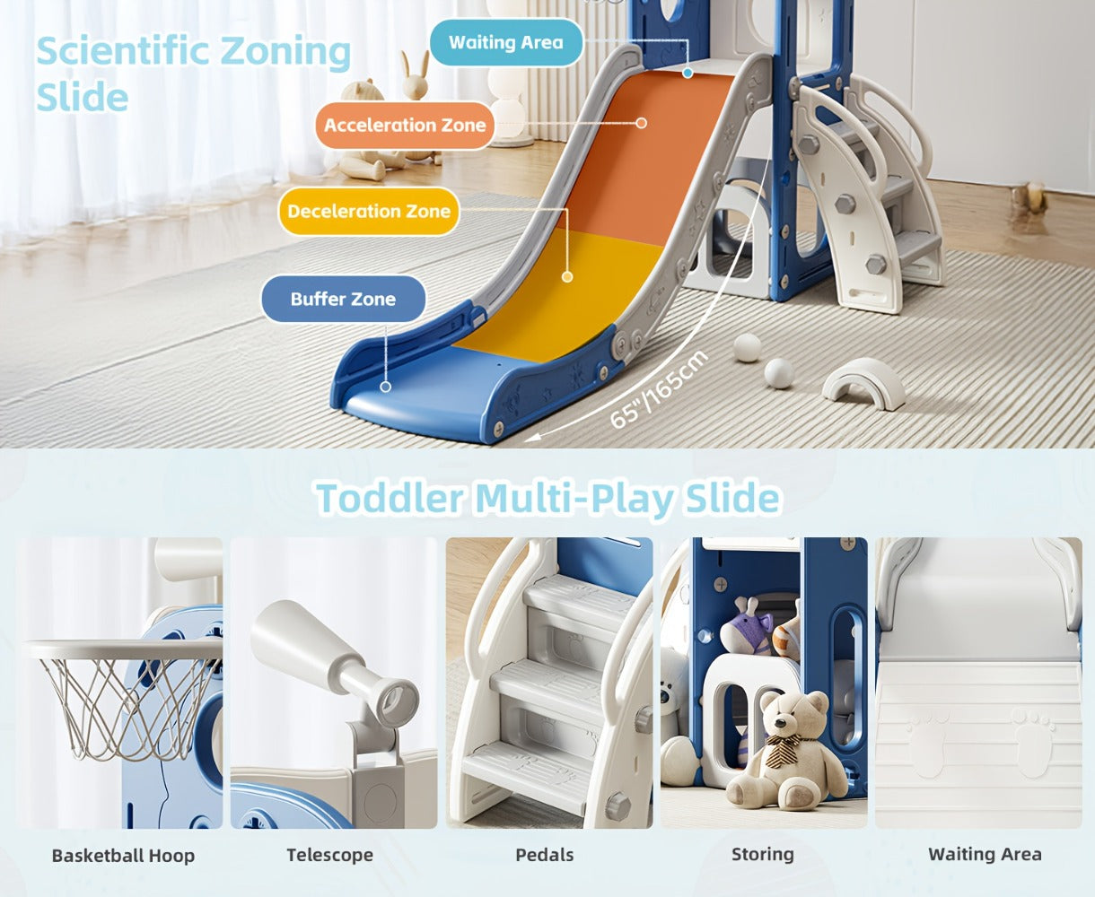 Toddler Slide & Climber Playset L-Shaped Indoor Outdoor Playground with Basketball Hoop Storage Telescope Easy Assembly Birthday Gift Boys Girls