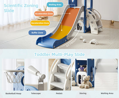 Toddler Slide & Climber Playset L-Shaped Indoor Outdoor Playground with Basketball Hoop Storage Telescope Easy Assembly Birthday Gift Boys Girls