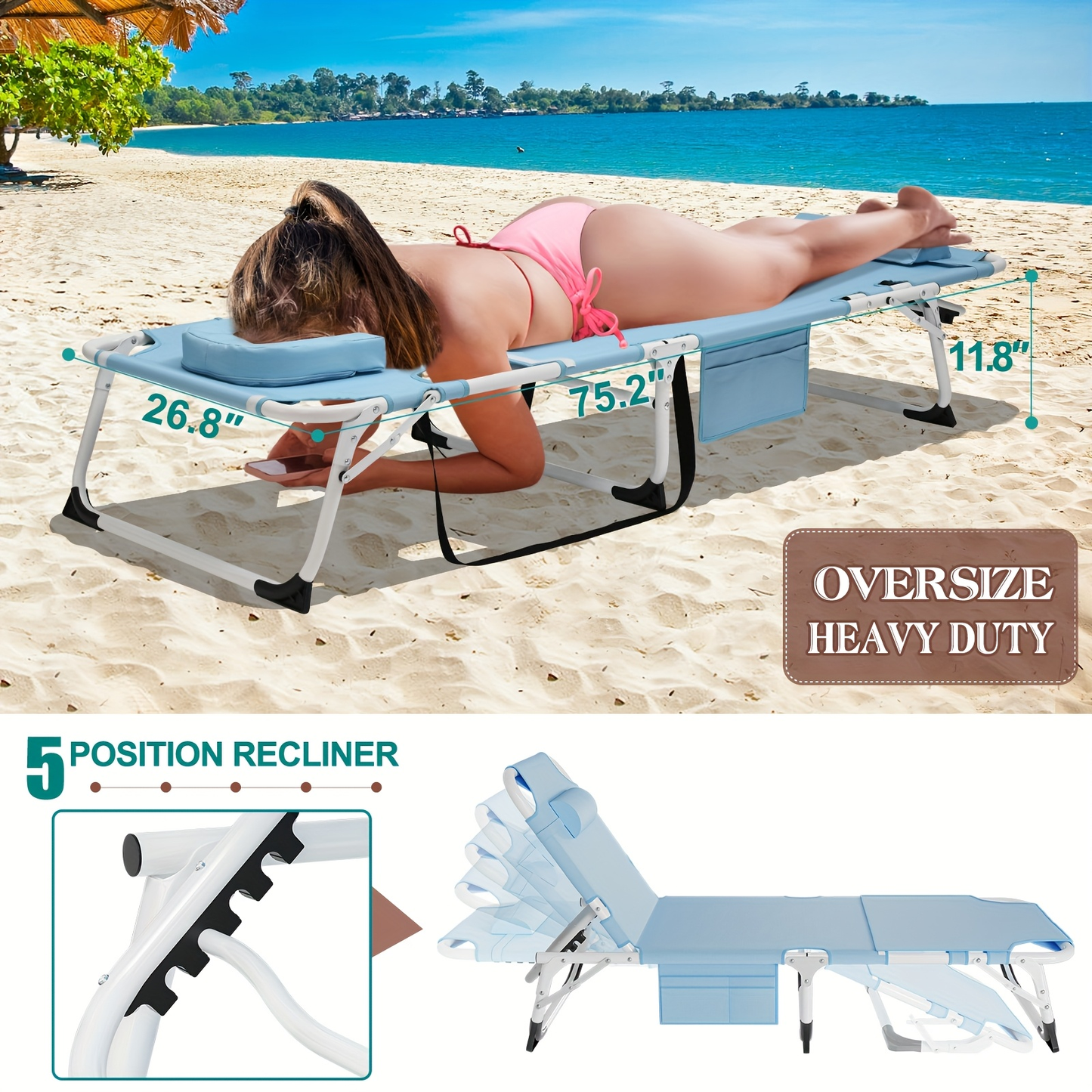 Folding Chaise Lounge Chair for Outdoor Tanning – 5-Position Adjustable Sunbathing Lounger with Face Hole for Pool, Beach & Backyard – Standard & Oversize Available