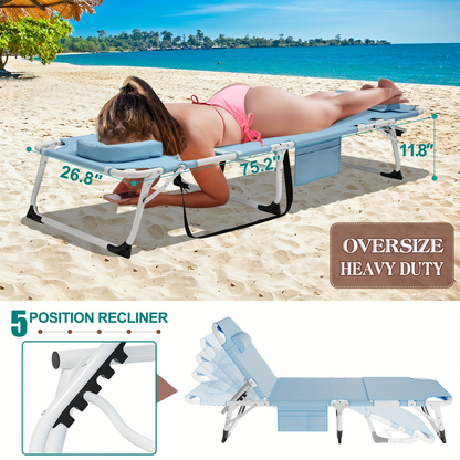 Folding Chaise Lounge Chair for Outdoor Tanning – 5-Position Adjustable Sunbathing Lounger with Face Hole for Pool, Beach & Backyard – Standard & Oversize Available