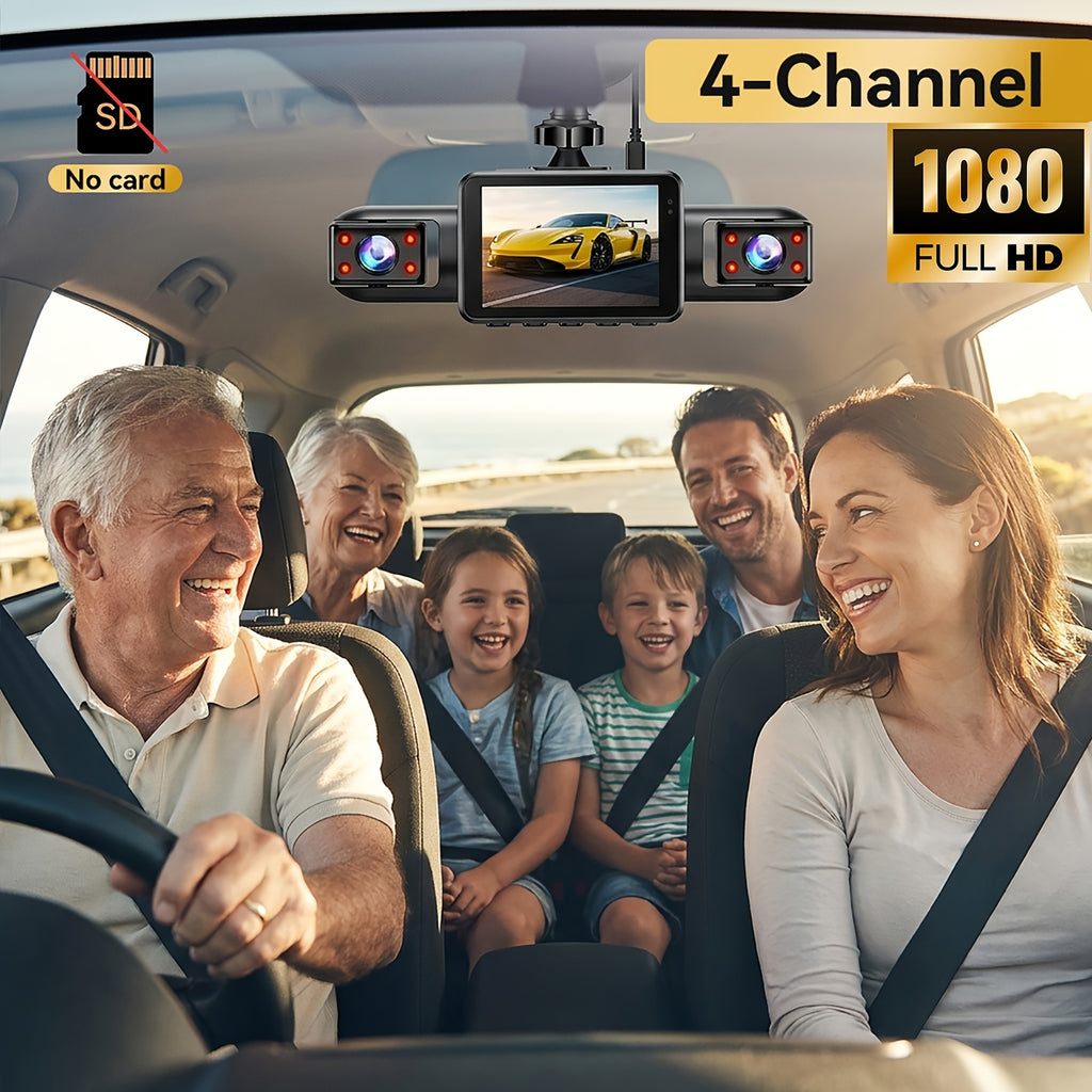 Multi-Angle Dash Cam with Four Lenses (Front, Rear, Left, Right), 1080P HD, Wide-Angle Lens, Night Vision, 24-Hour Parking Mode (Memory Card Not Included)