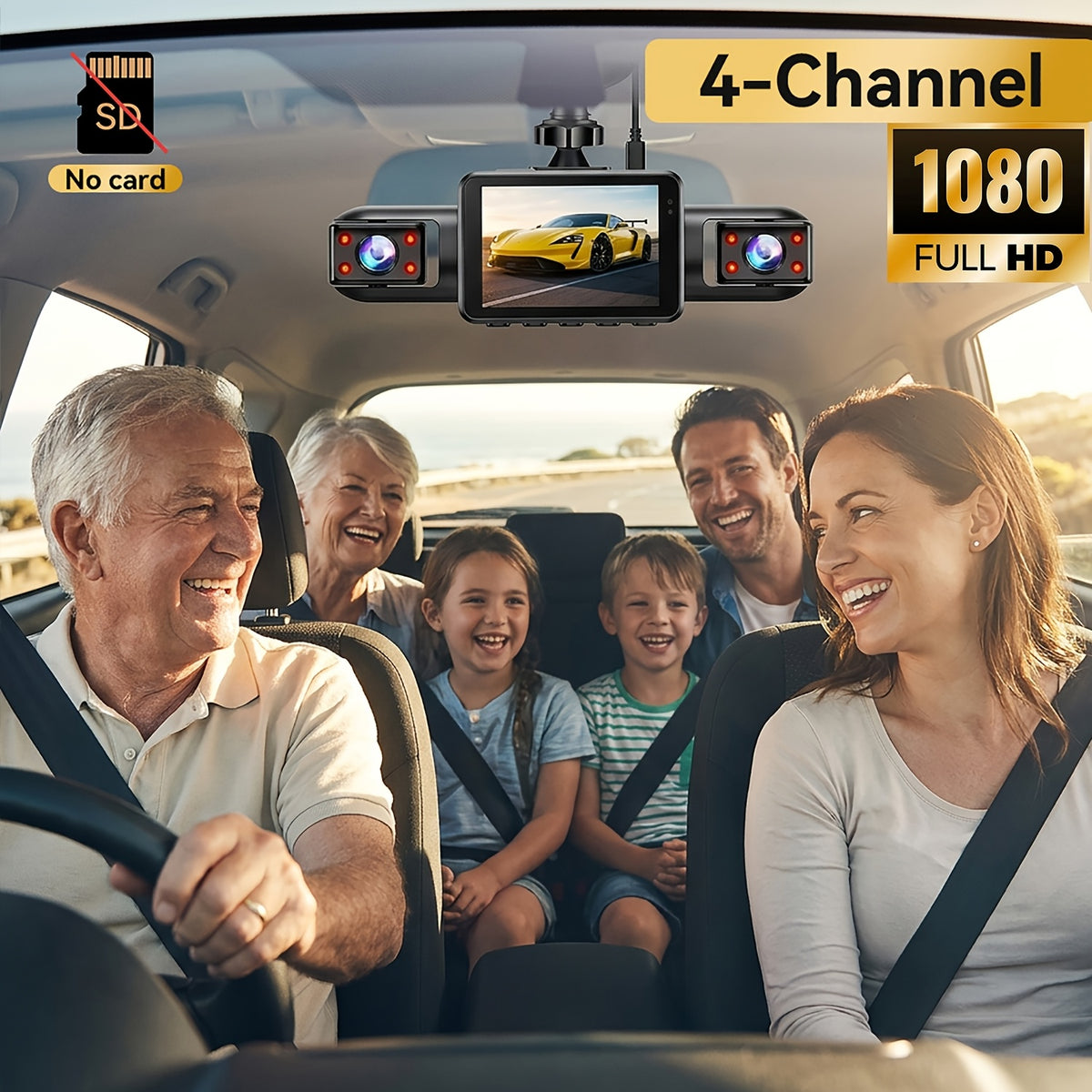 Multi-Angle Dash Cam with Four Lenses (Front, Rear, Left, Right), 1080P HD, Wide-Angle Lens, Night Vision, 24-Hour Parking Mode (Memory Card Not Included)