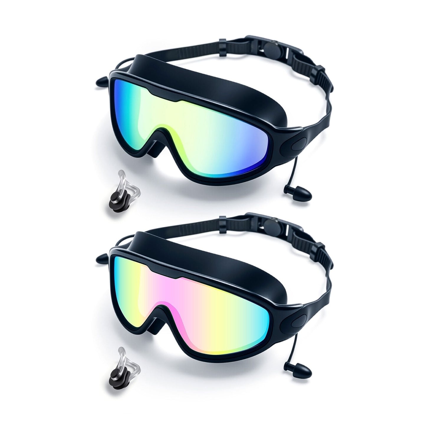 HD Swim Goggles 2 Pack – Anti-Fog Clear Vision, Adjustable Strap, Soft Seal Comfortable Fit for Adults, Pool Training Beach Water Sports, Earplugs Nose Clip Case Included