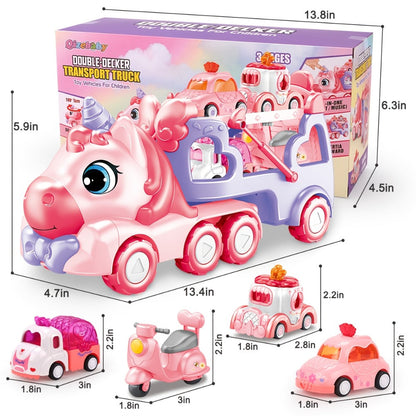 Pink Carrier Truck Toy with 4 Mini Cars, Music & Lights – Battery Powered Pull-Back Transport Vehicle for Girls Boys Ages 3+, Holiday Birthday Christmas Gift