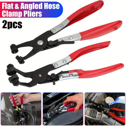 Hose Clamp Pliers Set 2-Piece - Angled Swivel Jaw Locking Pliers for Fuel, Coolant & Flat Band Hose Clamps, Manganese Steel, Anti-Slip Handle for Auto, Industrial & DIY Repair