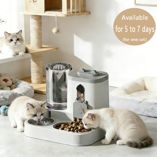 2-in-1 Cat Food and Water Dispenser - Gravity Auto Feeder Bowl Set with Quantitative Feeding, Cute Design for Cats & Small Dogs - Available with Cleaning Brush, 4 Colors