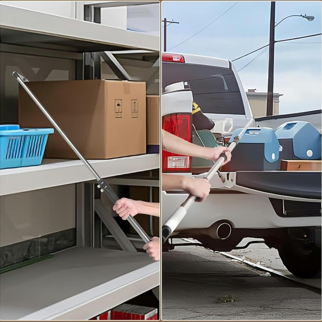 A Robust Stainless Steel Telescopic Grabber for Truck Beds, Featuring a Retractable Handle. This Heavy-Duty Tool Is Designed for Cargo Retrieval, Making It for easy to Lift And Move Heavy Items. It Serves As a Practical Accessory for Trucks with a D