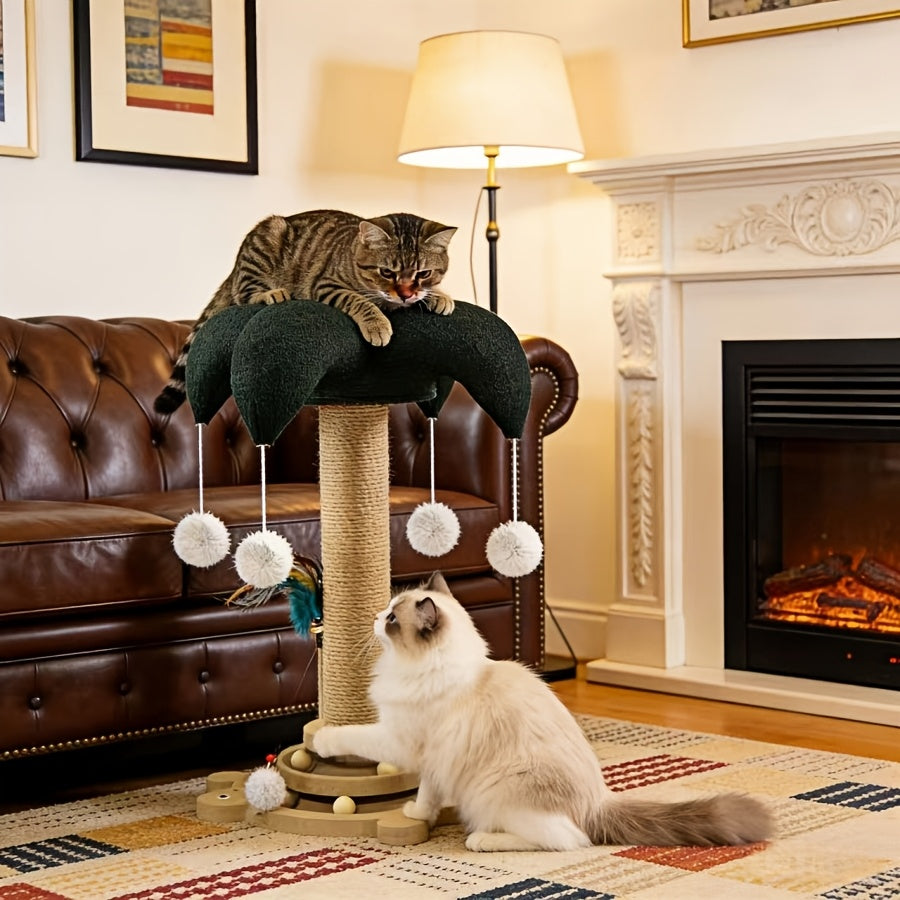 Cat Scratching Post Sisal Vertical Clown Hat Design, Wear-Resistant Cat Scratch Board with Cat Climbing Frame & Teaser Toy, Fun Shaped Cat Scratcher for Indoor Cats, Millet & Turtle Shape, Green