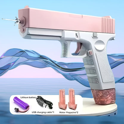 Dual Magazine Water Gun Electric Automatic Squirt Blaster with 2 Swappable High Capacity Tanks – Long Range Continuous Fire for Kids & Adults, Pink Blue Summer Pool Beach Backyard Party Toy, Birthday Gift Girls Boys