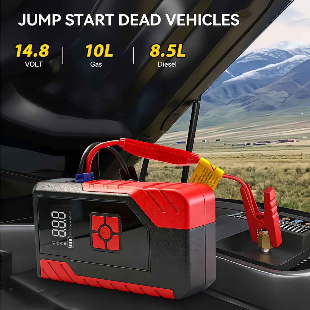 15000A Peak 250PSI, Portable Emergency Starter, Car Charger, USB Type-C, LED Emergency Lighting, 2.11 Gallons Gasoline/1.85 Gallons Diesel Fast Charging - Rechargeable Lithium Polymer Battery. Suitable As A Holiday Gift for Christmas And Halloween.