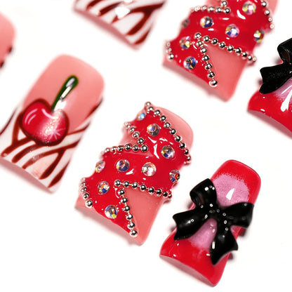 Short Duckbill Press On Nails 3D Red Lips Skull Cherry Bow Rhinestone – Zebra Stripe Polka Dot Sweet Cool Acrylic Nail Art Set for Party, Date Night & Daily Wear, 10pcs S/M/L with Tools