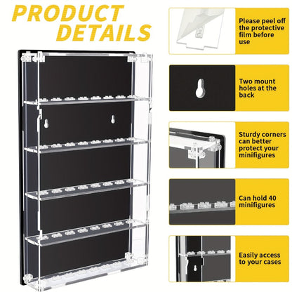 Wall Mounted Display Case 5-Tier for 40 Figurines Clear Acrylic Showcase with Built-In Stands & Mounting Hardware for Action Figures Funko Pop Anime Collectibles Mini Figures