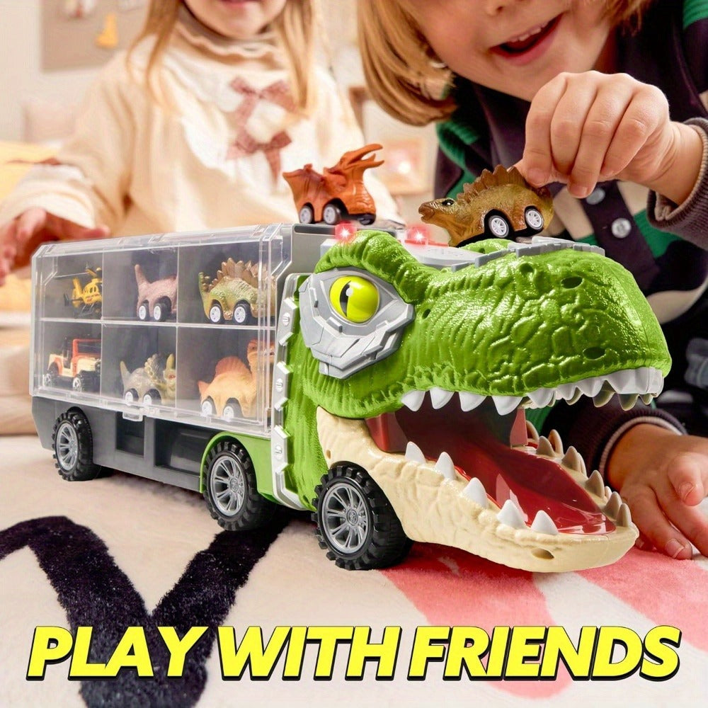 Dinosaur Truck Toy Set 13 PCS – Transport Carrier Truck with Lights & Sounds + 8 Pull-Back Cars + 3 Die-Cast Dino Vehicles + Helicopter | Friction Powered Dinosaur Toy for Boys Ages 3+ | Best Birthday Christmas Gift