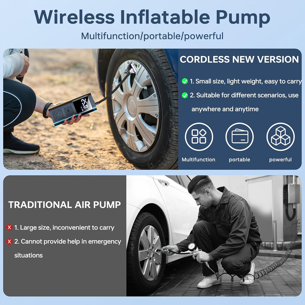 Tire Inflator Portable Air Compressor, 150PSI Car Tire Air Pump With Tire Pressure Gauge, LED, 3X Fast One-Button Smart Cordless Tire Air Pump For Cars, Motorcycles, Bicycles, Balls, Etc.