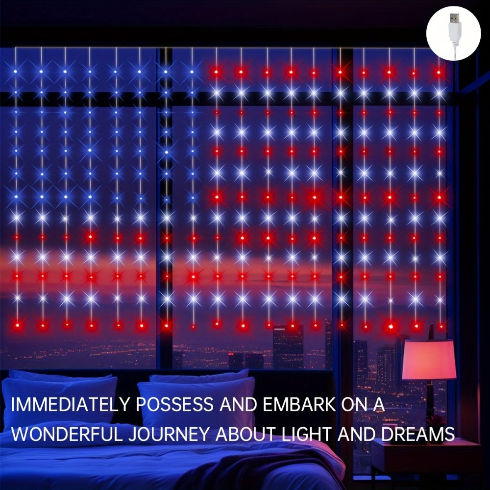 American Flag LED Curtain Lights 242 LEDs USB Powered, 4th of July Patriotic Decorations for Home Porch Garden Courtyard, Independence Day National Holiday Indoor Decor for Mall, Store, Coffee Shop Display