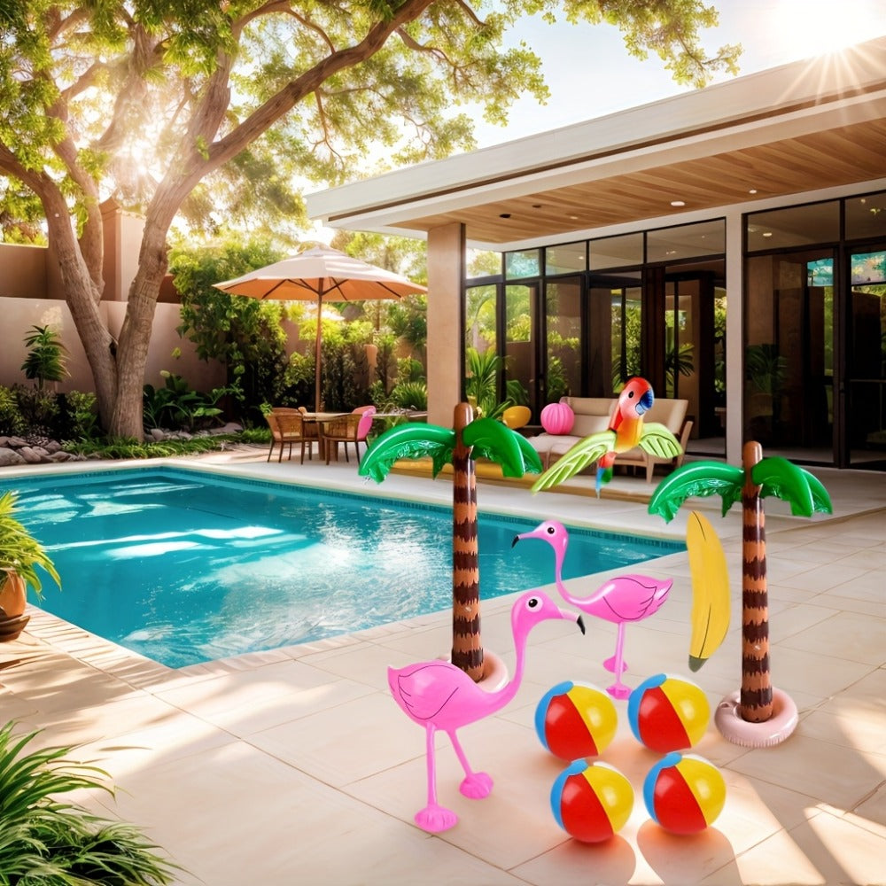 Hawaiian Luau Inflatable Party Decorations 10-Piece Set – 2 Palm Trees, 2 Flamingos, 4 Beach Balls, Parrot & Banana, Tropical Pool Party Supplies for Kids & Adults, Summer Beach Birthday Gift