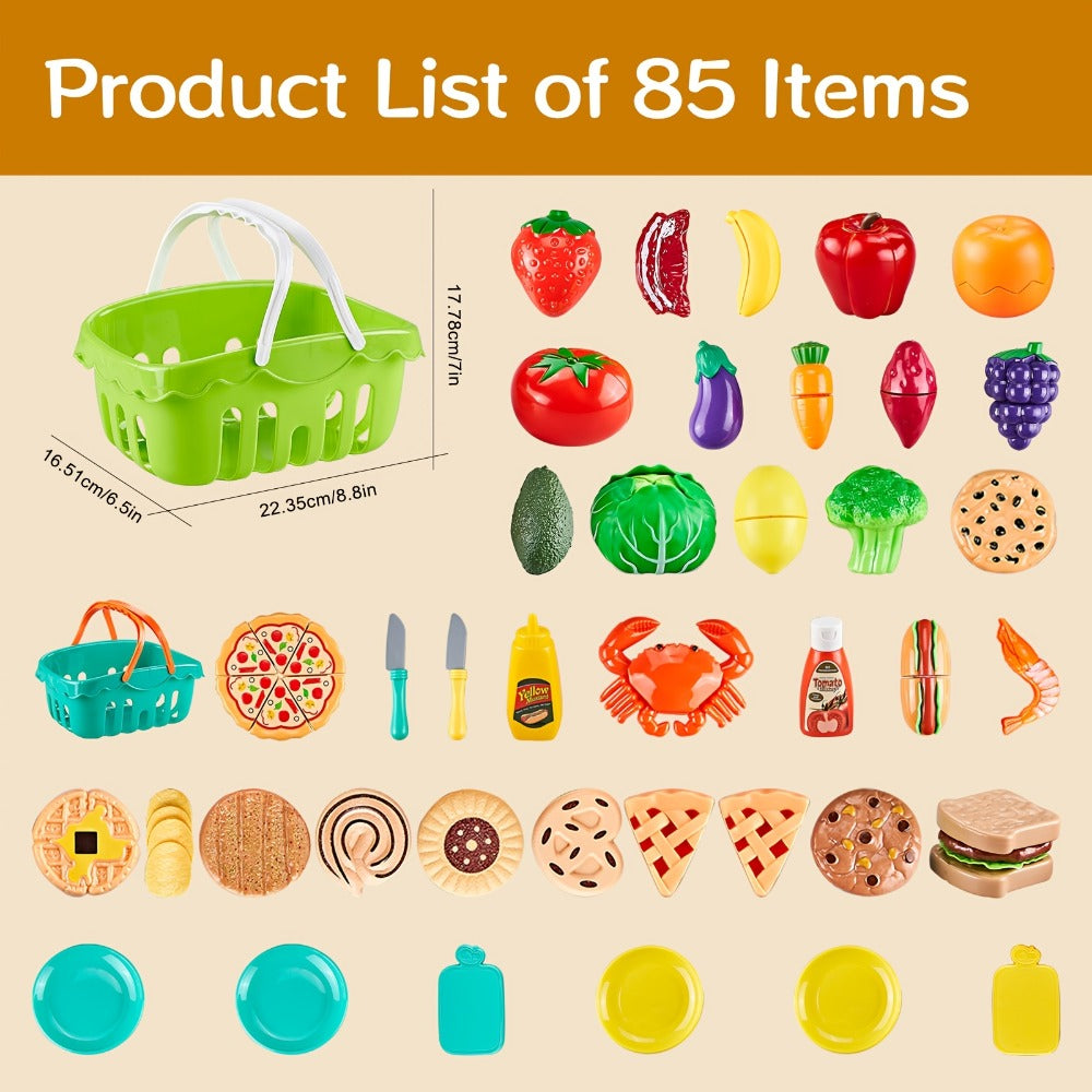 Pretend Play Food Set 85pcs – Cutting Toy Food with 2 Baskets, Pizza Veggies & Fruits | Play Kitchen Accessories for Toddlers, Birthday & Christmas Gift for Boys & Girls Ages 3 4 5 6