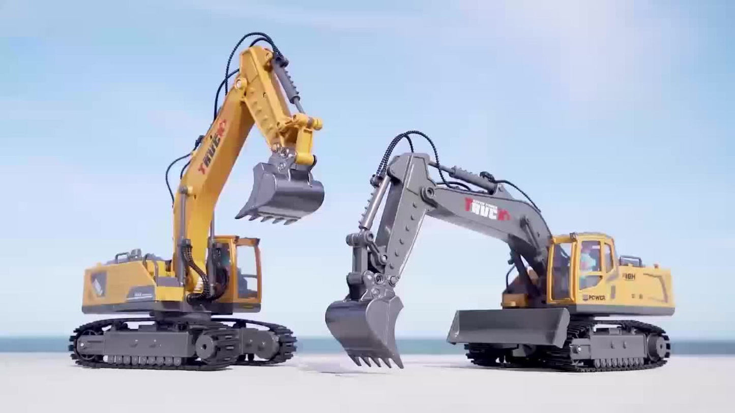 RC Excavator 120-Minute Battery Life Metal Shovel LED Lights – 13CH or 17CH Remote Control Construction Truck 1200mAh Rechargeable Digging Toy for Boys Ages 8+ Birthday Christmas Gift Yellow Gray