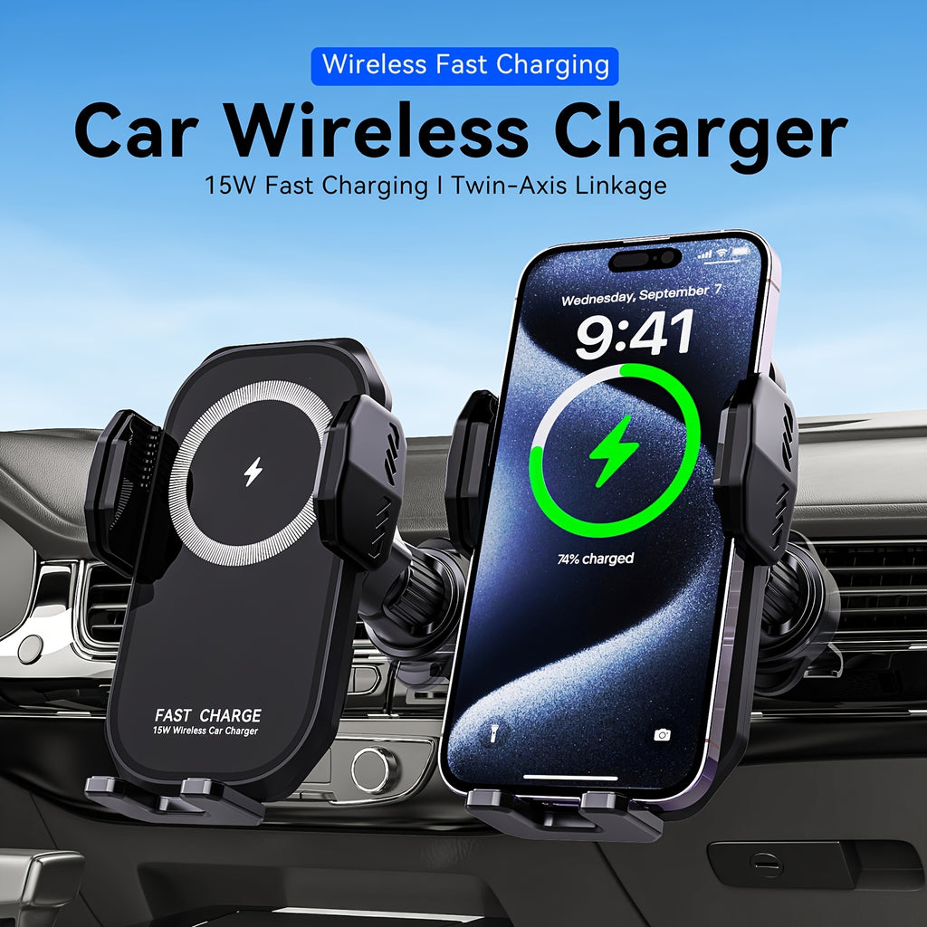 Fast Charging Wireless Car Charger with Auto-Clamping Mount, Compatible with Iphone 16/15/14/13/13 Pro/12 Pro Max/12 Pro/12/11/10 Series And Samsung Galaxy Series, Offering 15W/10W/7.5W Charging Through Air Vent