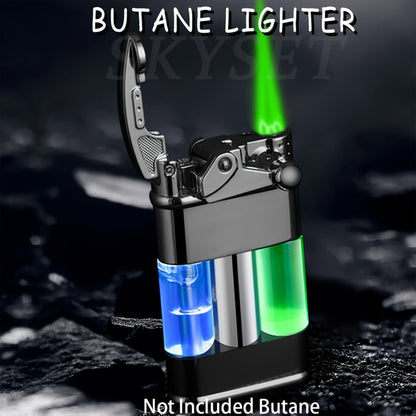 Green Flame Metal Lighter Windproof – Refillable Butane Gas Lighter with Adjustable Flame, Fuel Window & Rocker Arm Ignition, Cool Multifunctional Lighter for Outdoor Camping BBQ Cigars (No Butane)