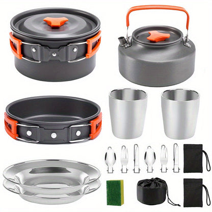 Camping Cookware Set for 2-3 People, Portable Aluminum Outdoor Cooking Kit with Pot, Frying Pan, Kettle & Cutlery, Lightweight Foldable Camp Kitchen Gear for Hiking, Backpacking & Travel