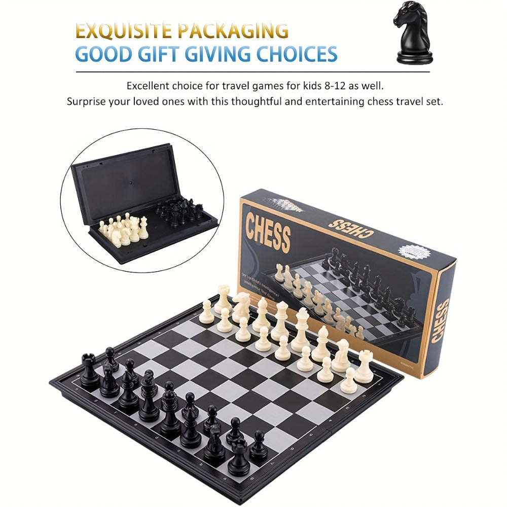 Magnetic Chess Set Folding Board 33 Pieces – 9.4 Inch Portable Travel Chess Game for Kids & Adults, Foldable Storage, Minimalist Design, Educational Strategy Game, Black & White or Wood Style
