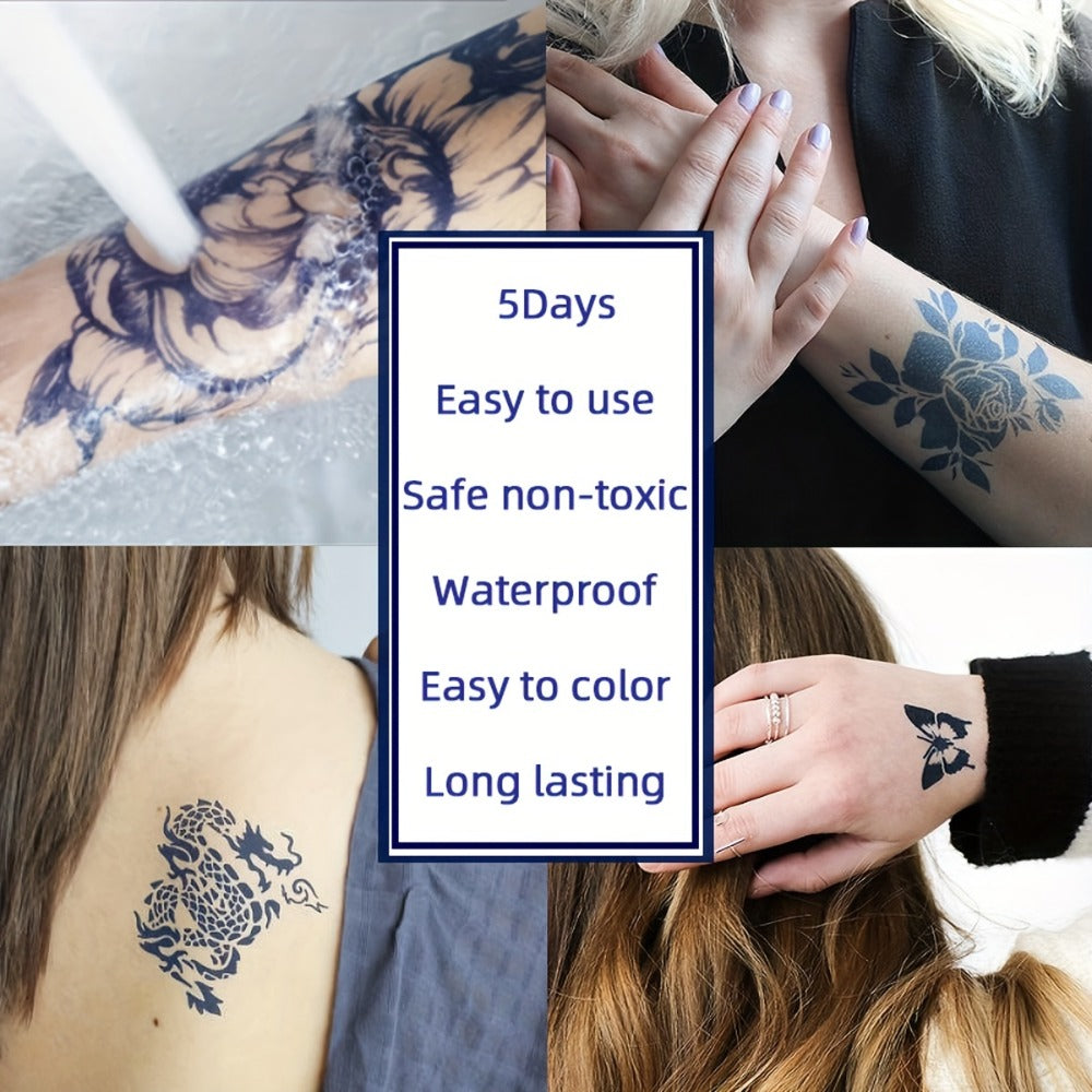 Semi-Permanent Tattoo Ink Set 8 Bottles — Waterproof Long-Lasting Paste Formula, Mixed Colors, Hollow Stencils Included, Body Art for Parties, Festivals, Halloween & Cosplay