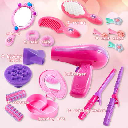 Girls Beauty Salon Toy Set 17 PCS – Pretend Play Hair Stylist Kit with Working Hairdryer Mirror Curling Wands Combs Clips & Jewelry Box | Princess Hair Dresser Toy for Girls Ages 3+ | Best Birthday Christmas Gift